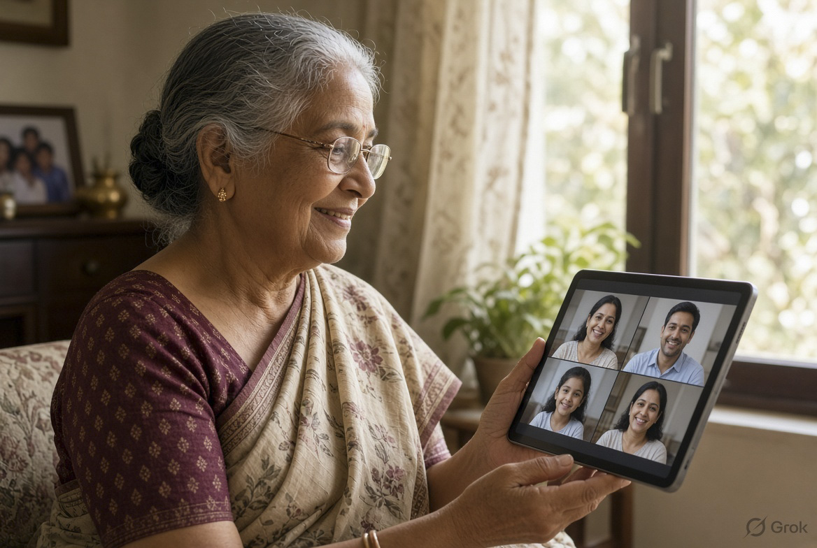 A senior on a video call with family abroad, sitting by a window at home